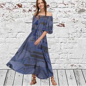 Blue White & Black Off Shoulder Flowy Sleeve Maxi Dress Drawstring Waist Sz Lg
